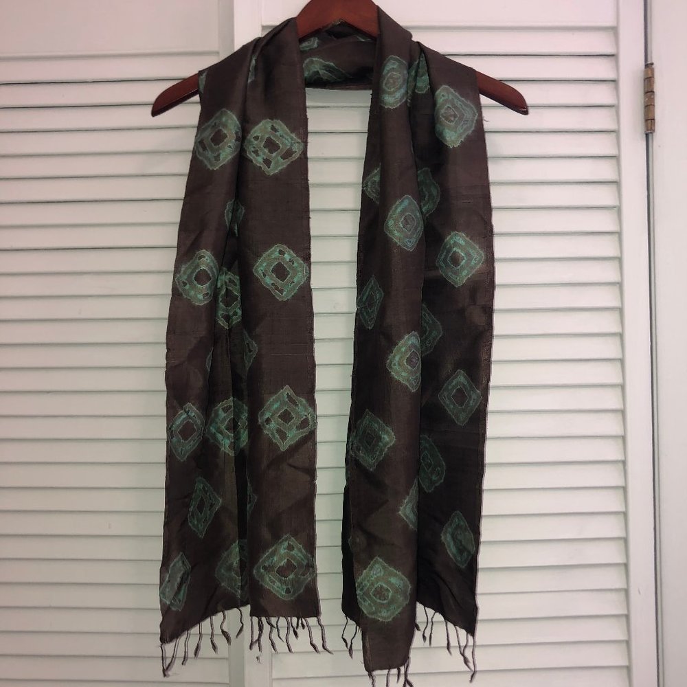 Like New Brown and Green Design Silky Scarf